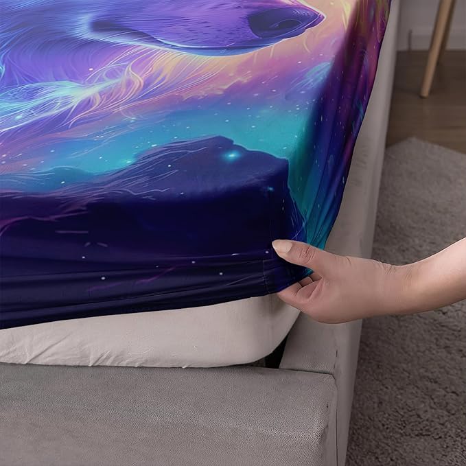 AILONEN Wolf Fitted Sheet Set Twin Size for Boys,Purple Galaxy Wolf Bed Sheet Set for Kids Teen, 3 Pieces Safari Wolf Sheet Set,Starry Wolves Fitted Sheet with 2 Pillowcases