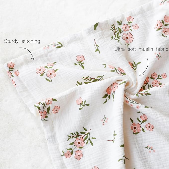 Muslin Baby Blankets for Girls Super Soft Nursery Minky Blankets with Breathable Muslin Cotton Front and 3D Touch Dotted Fleece Backing, Pink Floral Printed Bed Throws Newborn