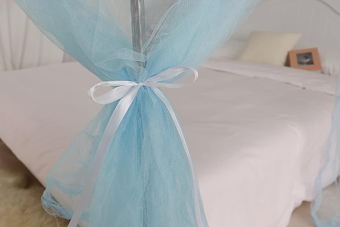 Bed Canopy, Princess Bed Curtain Net for Girls & Adults, Three-Doors Rectangular Lace Dome Netting (Blue, King)