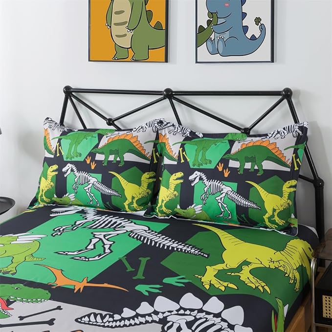 qjmiaofang Dinosaur Sheets Full Size for Boys Dinosaur Sheet Set 4Pieces Ancient Dinosaur Flat Sheet Set T-Rex Flat Sheet Animals Printed Dinosaur Bed Sheet 1 Fitted Sheet 1 Flat Sheet 2 Pillowcases