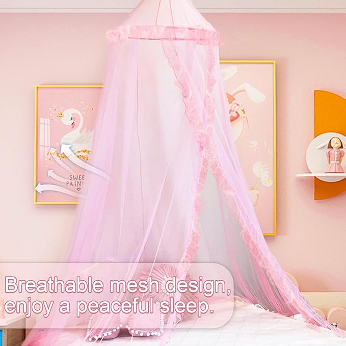 Daksha Princess Bed Canopy for Girls Room, Top and Door Trim with Lace Design, Pink Bed Canopy with Ruffles Fits Single, Twin, Full, and Queen Beds, Bedroom Decoration