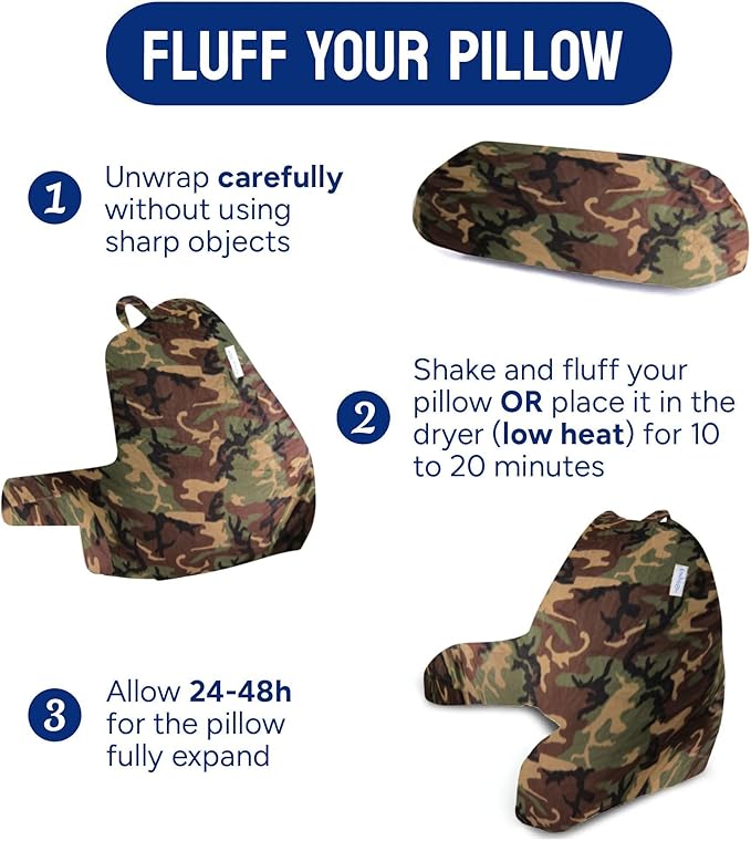 ComfortSpa Reading Pillow for Bed Adult Size, Back Rest Pillow with Arms, Pockets, Washable Cover; Use as Back Pillow for Bed Sitting Up for Bedrest or Relief from GERD Heartburn (Large Camouflage)