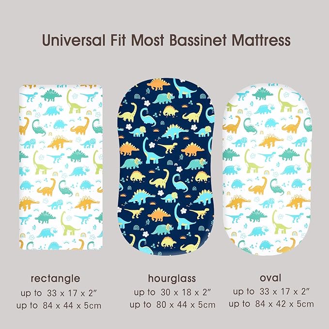 PHF Soft Bassinet Sheet Set, 2 Pack Silky Comfy Breathable Cradle Sheets for Baby Boys Girls, Univeral Fit for Most Oval Rectangle Cradle and Bassinet Mattress/Pad, Dinosaur
