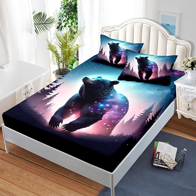 AILONEN Bear Fitted Sheet Set Full Size, Evening Starry Sky Forest Bear Bed Sheet Set Decor,Animal Bear Wildlife Fitted Sheet and 2 Pillowcases,3 Pieces