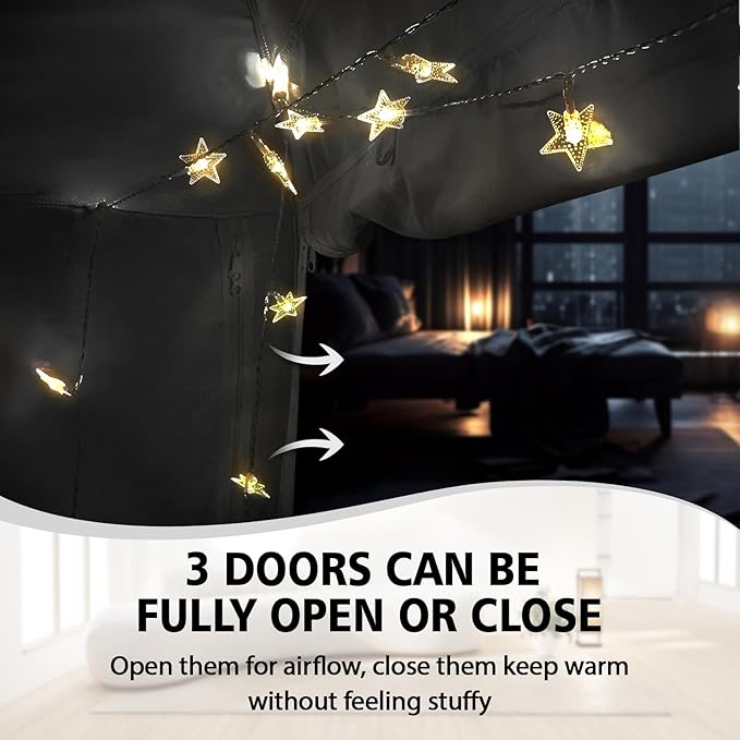 Bed Tent Bed Canopy Breathable 100% for Adult and Kids Light Reduction Sleeping Dream Tents Indoor Portable Big Space with String Light 3 Doors Twin Full Queen King Size