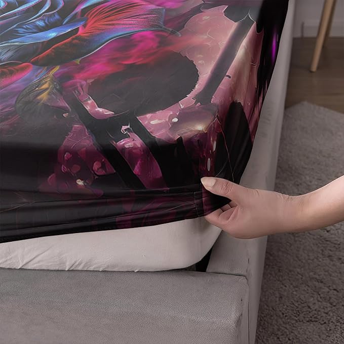 AILONEN Black Panther Fitted Sheet Set Queen Size,Red Rose Romantic Smoky Lightning Leopard Print Bed Sheet Set,Safari Animal Cheetah Fitted Sheet and 2 Pillowcases,3 Pieces