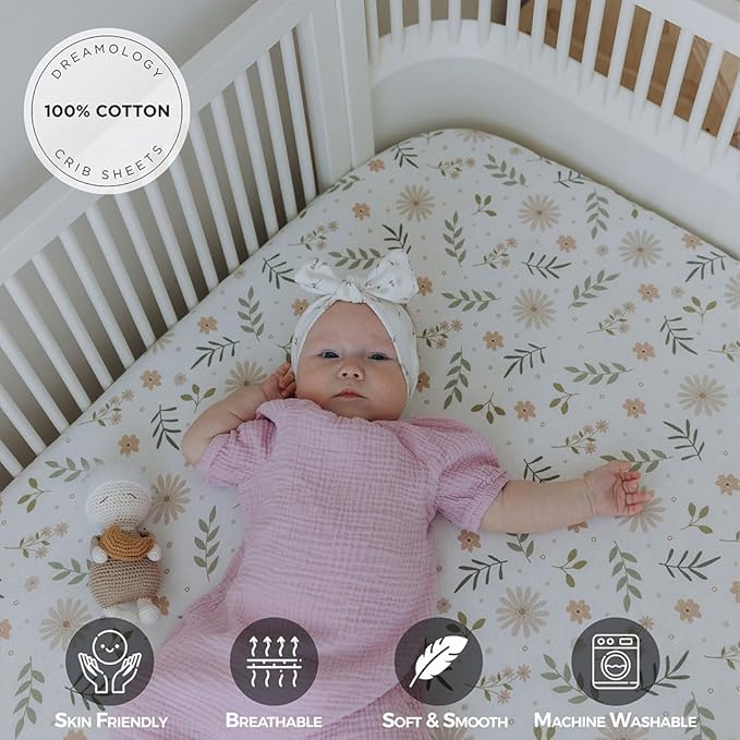 Mini Crib Fitted Sheet, 100% Cotton Knitted Jersey, Pack n Play Sheet, Breathable, Fitted Crib Sheets, Super Soft, Toddler Fitted Sheet,2 Pack,Green/Flowers, 38x24x6