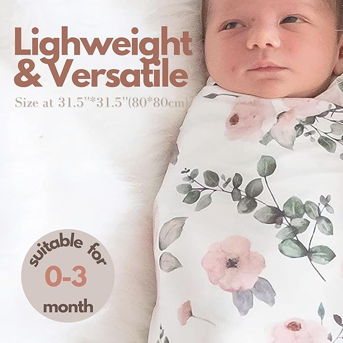 Newborn Baby Girl Swaddle and Headband Sets Receiving Blanket Stretchy Knit Swaddle Set(Green Leaf and Pink Floral)