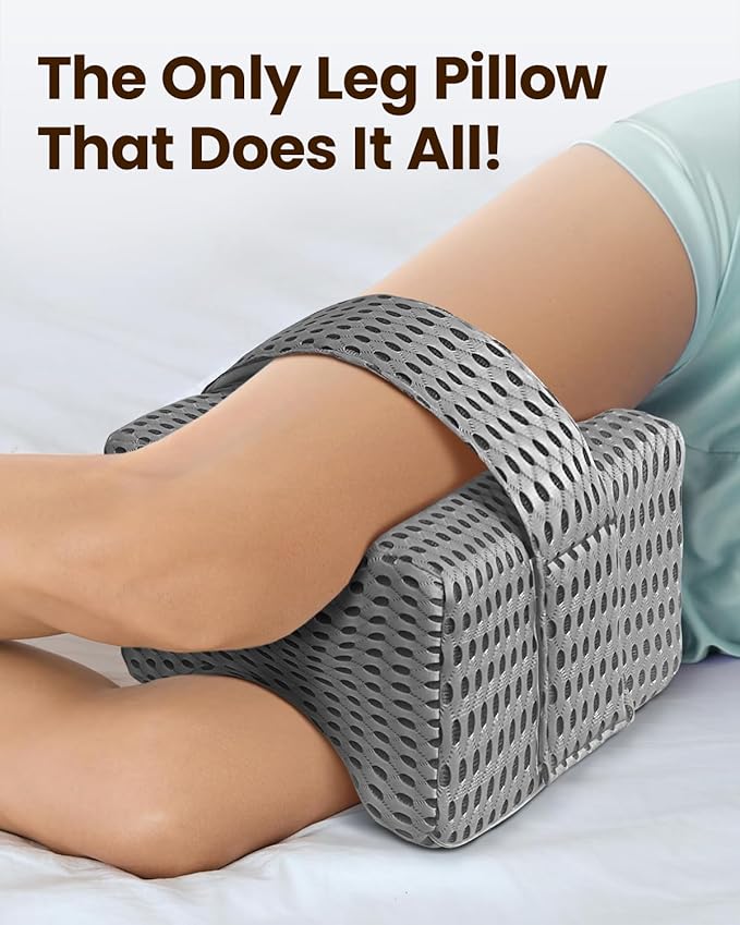 Knee Pillow for Side Sleepers - Memory Foam Leg Pillow for Side Sleeping with Strap, Leg Elevation Pillow for Relief Twisted Spine, Sciatica, Joint, Hip, Surgery Pain (Grey)