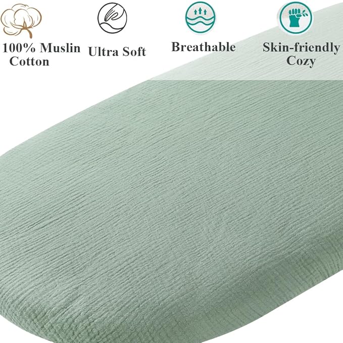 Muslin Bassinet Sheet Compatible with Baby Delight Beside Me Dreamer Bassinet, 2 Pack Cotton Stylish Boho Fitted Bassinet Sheets Super Soft for Baby Roman Green & Botanical Leaf