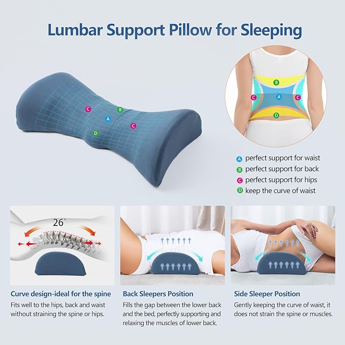 Lumbar Support Pillow for Sleeping Memory Foam Back Lumbar Support Cushion for Lower Back Pain Relief, Back Support Bed Pillow Waist Support Back Sleepers (Dark Blue)