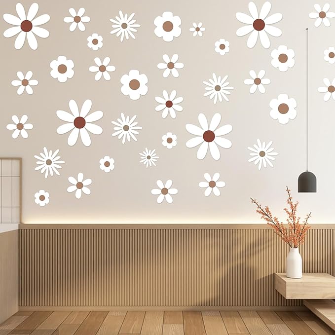 Daisy Wall Decals Flower Wall Stickers, Big Daisy Stickers Floral Decor Peel and Stick for Girls Kids Bedroom Nursery Playroom Living Room (White)