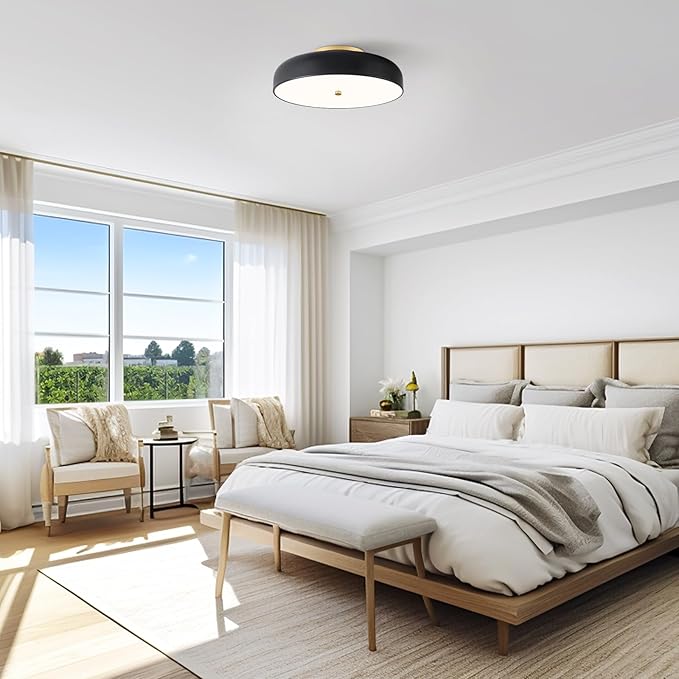 Dimmable LED Ceiling Light Fixture, 2700K-6000K 5CCT Modern Mid-Century Semi Flush Mount Ceiling Light, Black Close to Ceiling Lamp for Bedroom, Living Room, Kitchen, Laundry Room, 15.7in