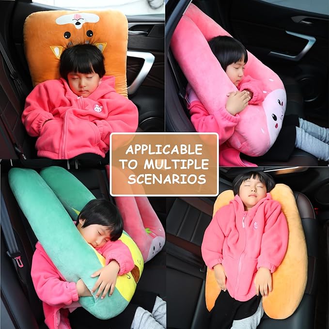 Kids Travel Pillow for Car Seat with Hand Muff, Cartoon Neck & Headrest Seat Belt Pillow for Car Road Trips Long-Distance Travel Sleeping Pillow for Adults and Children, Purple Unicorn