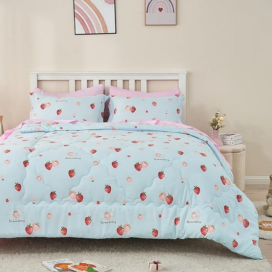 Wajade Kids Strawberry Comforter Set Bed in A Bag Full Size 7 Piece Blue 3D Cute Strawberry Fruit Bedding Set for Girls Boys (1 Comforter, 1 Flat Sheet, 1 Fitted Sheet, 2 Pillowcase and 2 Pillow Sham)