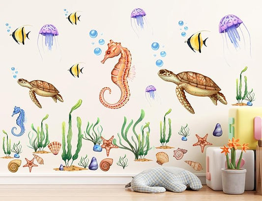 4 Sheets Ocean Animals Wall Decals Under The Sea World Wall Decals Removable DIY Turtles Seahorses Jellyfish Fish Seaweed Decor for Kids Bedroom Bathroom Living Room Playroom Kitchen Decoration