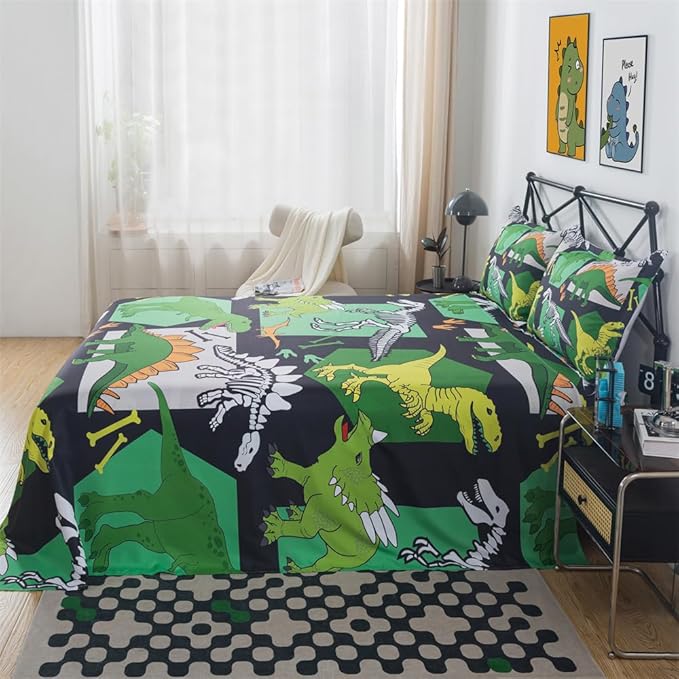 qjmiaofang Dinosaur Sheets Full Size for Boys Dinosaur Sheet Set 4Pieces Ancient Dinosaur Flat Sheet Set T-Rex Flat Sheet Animals Printed Dinosaur Bed Sheet 1 Fitted Sheet 1 Flat Sheet 2 Pillowcases