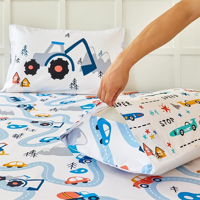 RYNGHIPY Kids Full Bed Sheets: Cars Print Sheets Set for Boys - Breathable Wrinkle Free Microfiber Flat Sheet Fitted Sheet and Pillowcases (White,Full)