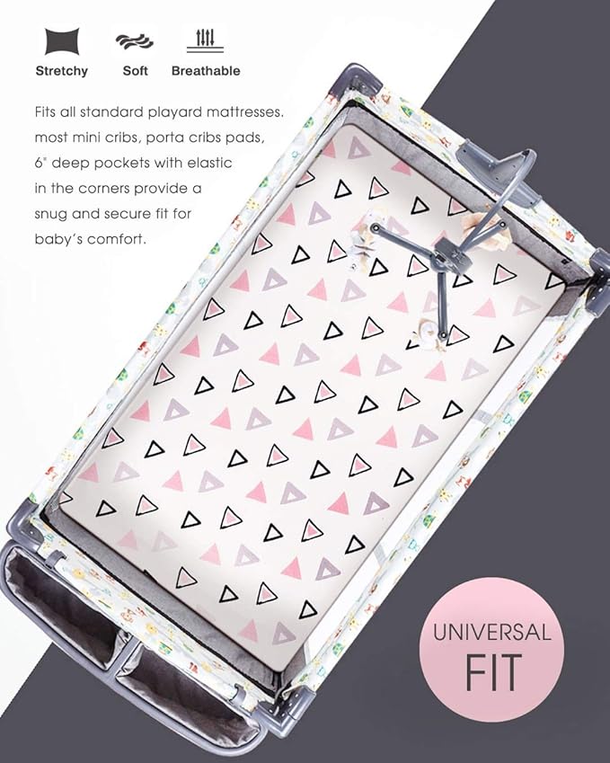 Stretchy Ultra Soft Jersey Knit Fitted Pack n Play Playard Sheets Set 2 Pack, Fits Portable/Mini Cribs Sheets, Playards Mattress Pads, Pink Simple Triangle/Dream Unicorn for Girls