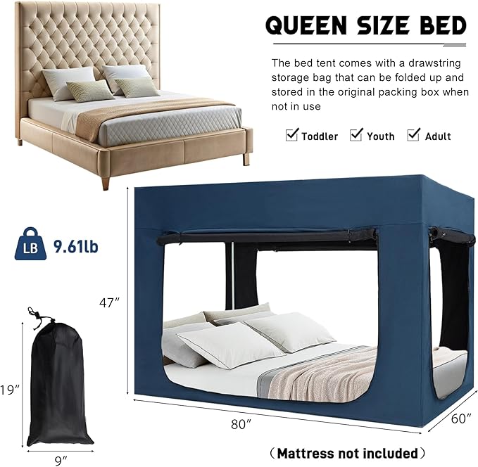 Quinnsus Bed Tent Bed Canopy Queen Size Tents for Adult and Kids - Portable Sleeping Bed Tents 80% Blackout with 4 Doors Breathable Private Space Tents(Mattress Not Included)