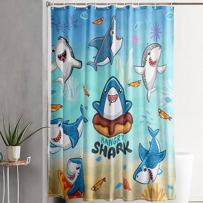 AILONEN Cartoon Shark Shower Curtain,Kawaii Donut Shark with Marine Life Bath Curtain Set for Kids Girls Boys,Fish Seaweed Fabric Shower Curtains for Bathroom, 72" W*78" H