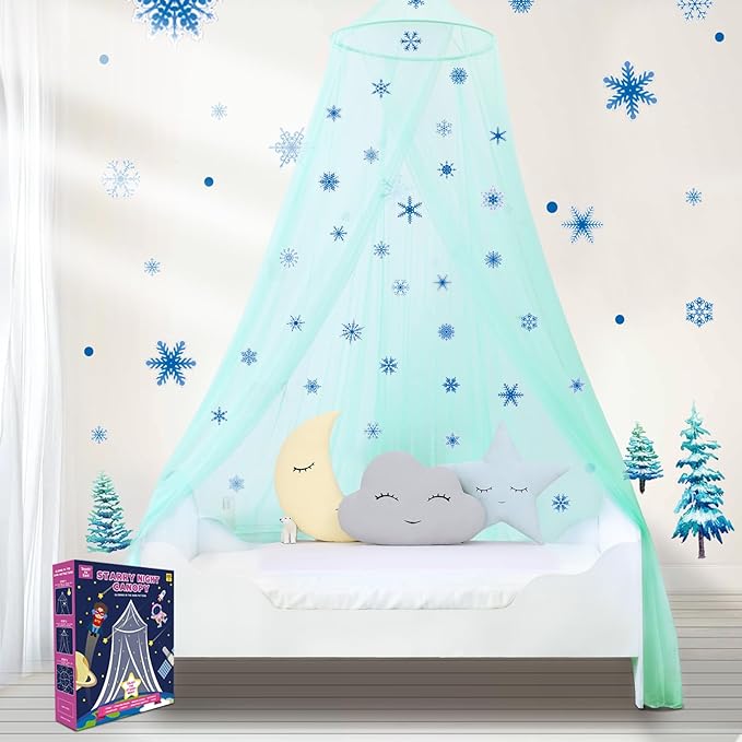 South to East Bed Canopy for Girls with Glowing Snow in The Dark, Cyan Princess Bed Curtains for Kids Bed & Toddler Bed, Twin, Full & Queen Bed, Mosquito Net Canopy for Girls Bedroom