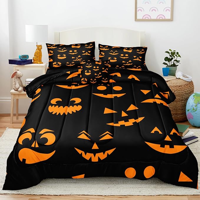 Bedbay Halloween Queen Comforter Set Black Orange Ghost Bedding Set for Kids Boys 4 Pcs Soft and Breathable Comforter Halloween Room Decor(Orange,Queen)