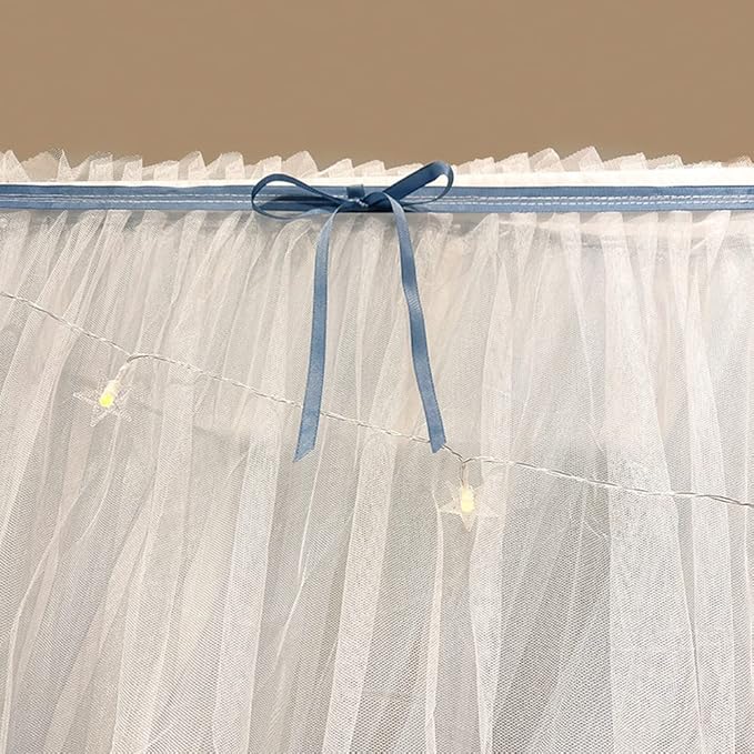 Mengersi Canopy Bed Curtains with Lights,4 Corner Bed Canopy Royal Luxurious Bed Drapes Netting,Princess Bed Curtains for Girls Adults Bedroom Decoration (Gray Blue, Queen)