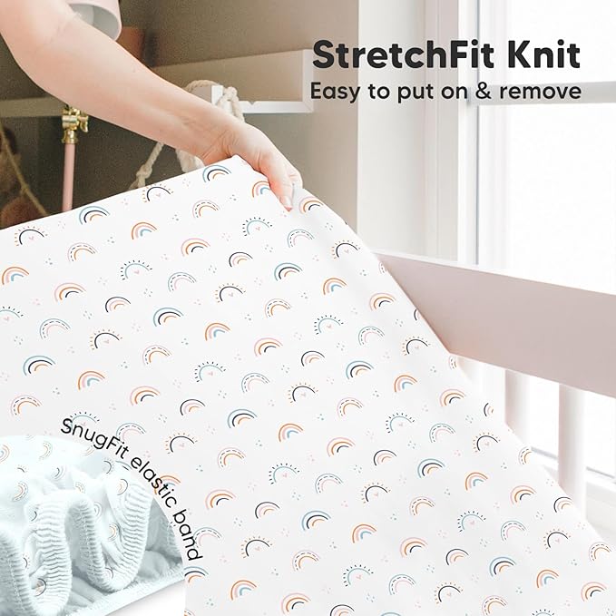Pack and Play Sheets Fitted, 2-Pack Mini Crib Sheets - Pack N Play Sheets, Organic Fitted Crib Sheet for Pack and Play Mattress, Playard Baby Crib Sheets, Crib Sheets Neutral for Boys (Jolly Rainbow)
