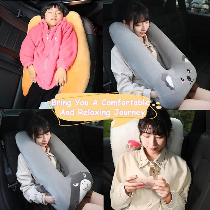 Kids Travel Pillow for Car Seat with Hand Muff, Cartoon Neck & Headrest Seat Belt Pillow for Car Road Trips Long-Distance Travel Sleeping Pillow for Adults and Children, Shark