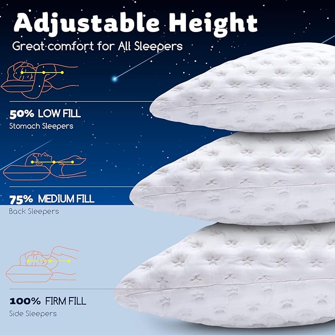 Cooling Side Sleeper Pillow for Neck and Shoulder Pain, Luxury Shredded Memory Foam Curved Bed Pillows for Sleeping Set of 2- Adjustable Queen Size- Washable Cover Crescent White