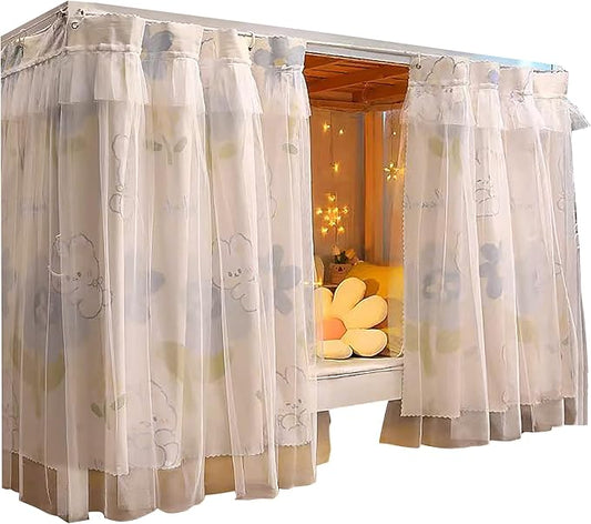 Beautiful Gauze Bunk Bed Curtains Drapes with Lace Privacy Bed Canopy for Bottom, 2 Panels, Whiterabbit