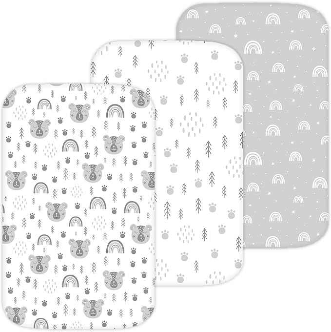 TansyPanda Bassinet Sheets for Angelbliss, Koolerthings, and Koola Baby Bassinet Bedside Sleeper, 3 Pack, 33x20 inch, Ultra Soft, Breathable, Snug Fit, Unisex Boys Girls, Gray White (Woodland Rainbow)
