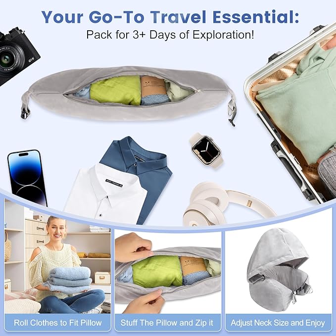 DreamShore Stuffable Neck Pillow for Travel with Hood - Adjustable Velvet Travel Pillow with Earplugs & Eye Mask, Ultimate Carry-On Travel Neck Pillow for Airplane, Travel Pillow for Extra Luggage
