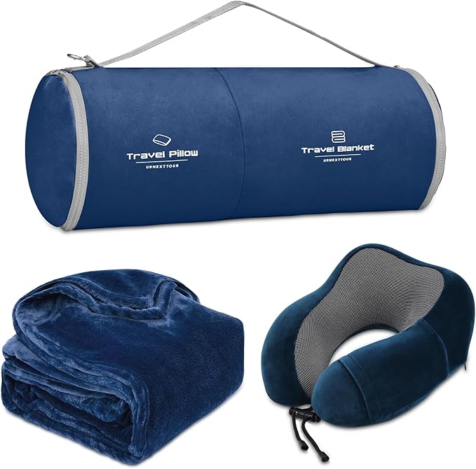 Travel Pillow and Blanket Set Neck Pillow Airplane Memory Foam for Traveling Compact with Bag Navy