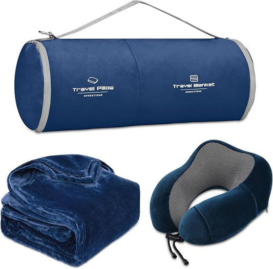 Travel Pillow and Blanket Set Neck Pillow Airplane Memory Foam for Traveling Compact with Bag Navy