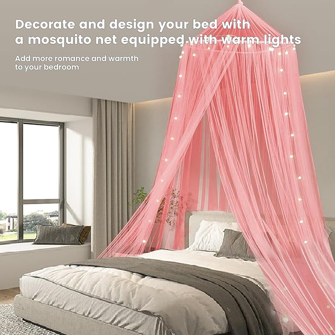Mengersi Bed Canopy with Lights,Princess Bed Canopy Canopy Bed Curtains for Girls Room,Mosquito Netting Canopy Reading Corners Room Decor for Girls (Pink)