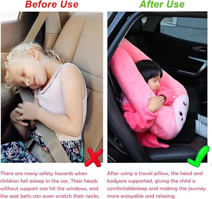 Kids Travel Pillow for Car Seat with Hand Muff, Cartoon Neck & Headrest Seat Belt Pillow for Car Road Trips Long-Distance Travel Sleeping Pillow for Adults and Children, Black Cat