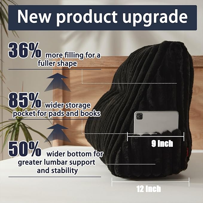 Faux Fur Headboard Pillow with 2 Pack Neck Roll Pillow Large Headboard Pillow Soft and Supportive with Removable Cover (Black, Twin)