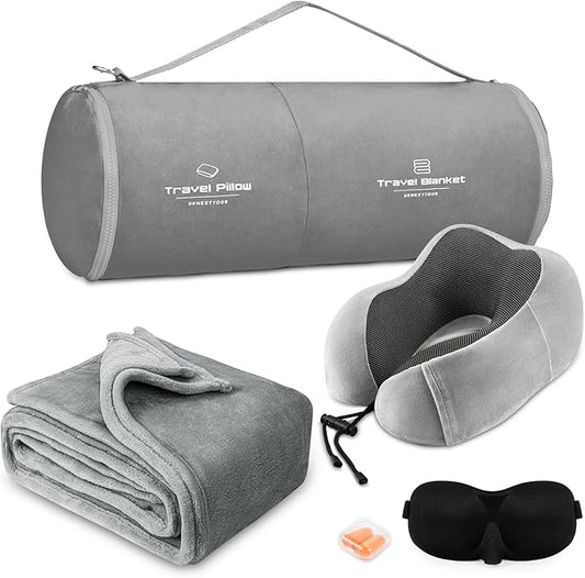 Travel Pillow and Blanket Set Neck Pillows Travel Essentials with Sleep Mask for Airplane Car Memory Foam Grey