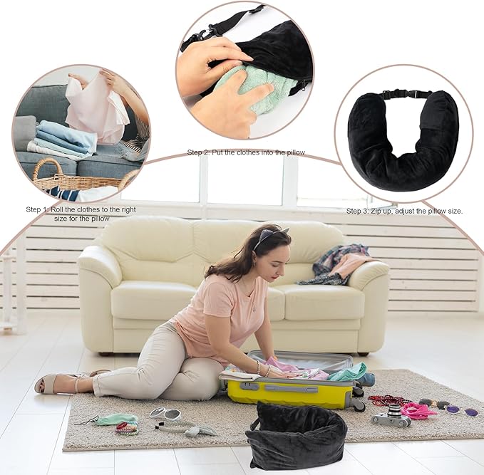 Stuffable Travel Pillow, 28x6.7 Inch Transformable Neck Pillow Plush Stuffable Storage Bag Neck Pillow with Clothes Adjustable U-Shape Pillow No Fillers for Travel (Black)