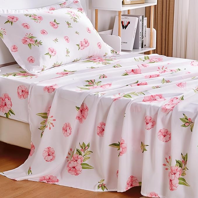 Twin Sheets Set White Pink Floral Bed Sheets Set Girls Cute Microfiber Cooling Sheets 3 Pieces Kids Twin Size Bed Set Wrinkle Free, 15 inch Deep Pocket Fitted Sheet, Flat Sheet, Pillowcase