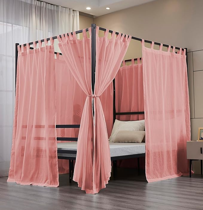 Mengersi Linen Canopy Bed Curtains for Twin,Full,Queen and King Size Bed,Bed Canopy Natural Blended Curtain Panels, 8 Panels Set (All Bed Sizes, Pink)