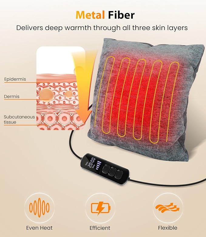 Aroma Season Heated Throw Pillow Lumbar Support Cushion, Back Pain Relief Soothing Cramp Body Warm Hug for Winter, 5 Heating Level and 6 Timer Control, Auto Shut Off Function