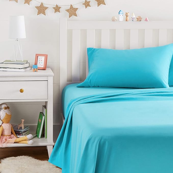 Amazon Basics Kid's Soft Easy-Wash Lightweight Microfiber 3-Piece Sheet Set, Toddler, Bright Aqua, Solid