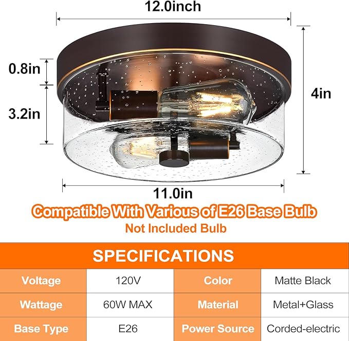 Flush Mount Ceiling Light Fixtures, 2-Light Oil Rubbed Bronze Ceiling Mount for Farmhouse with Seeded Glass Lampshade, Industrial Flush Mount Light Fixture for Hallway, Kitchen, Entryway and Foyer