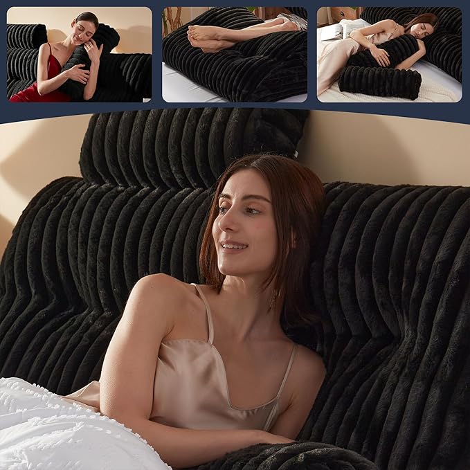 Faux Fur Headboard Pillow with 2 Pack Neck Roll Pillow Large Headboard Pillow Soft and Supportive with Removable Cover (Black, Queen)