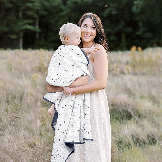 Lulu moon Muslin Quilt Blanket, Crib Blanket for Baby and Toddler,47x47 Inches(Blue Star)