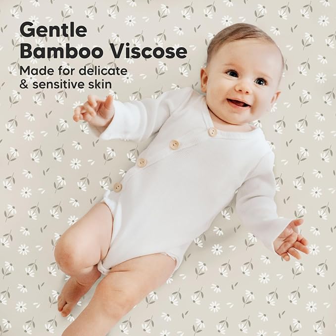 Pack and Play Sheets Fitted, 2-Pack Mini Crib Sheets - Pack N Play Sheets, Organic Fitted Crib Sheet for Pack and Play Mattress, Playard Baby Crib Sheets, Crib Sheets Neutral for Boys (Daisies)