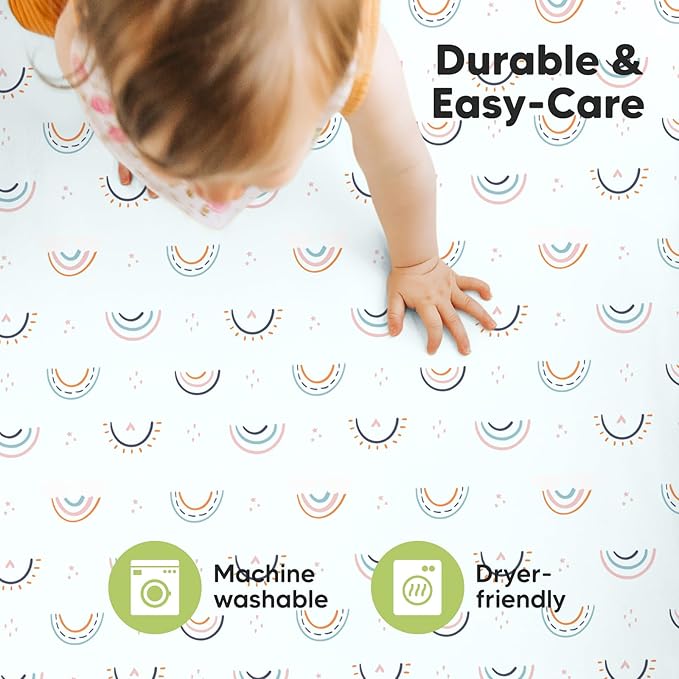 Pack and Play Sheets Fitted, 2-Pack Mini Crib Sheets - Pack N Play Sheets, Organic Fitted Crib Sheet for Pack and Play Mattress, Playard Baby Crib Sheets, Crib Sheets Neutral for Boys (Jolly Rainbow)
